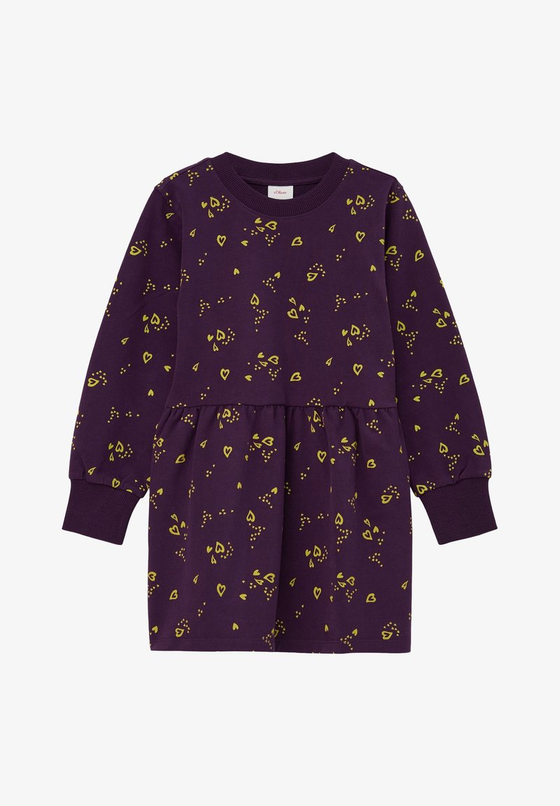 Robe violette avec une taille froncée, ornée d'un motif de cœurs jaunes et de points. Manches longues et col et poignets côtelés. Texture lisse.