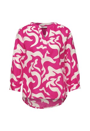 Lyserød bluse med lange ærmer med abstrakte hvide hvirvlende mønstre, V-udskæring med slids og afrundet kant.