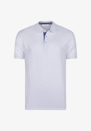 White short-sleeve polo shirt with subtle checkered pattern, button placket, and contrasting blue inner collar detail.