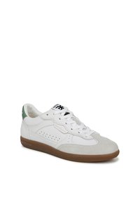 White sneaker with green heel accent, suede and leather materials, round toe, perforations on sides, and gum rubber sole.
