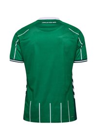 Maglia sportiva verde con colletto bianco, linee decorative e un motivo testurizzato. Maniche corte e strisce bianche verticali sui lati.