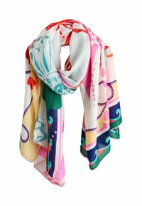Krāsains zīda šalle ar abstraktām rozā, zaļās un zilās krāsas rakstām un dekoratīvu viļņotu malu, gludu un vieglu tekstūru.