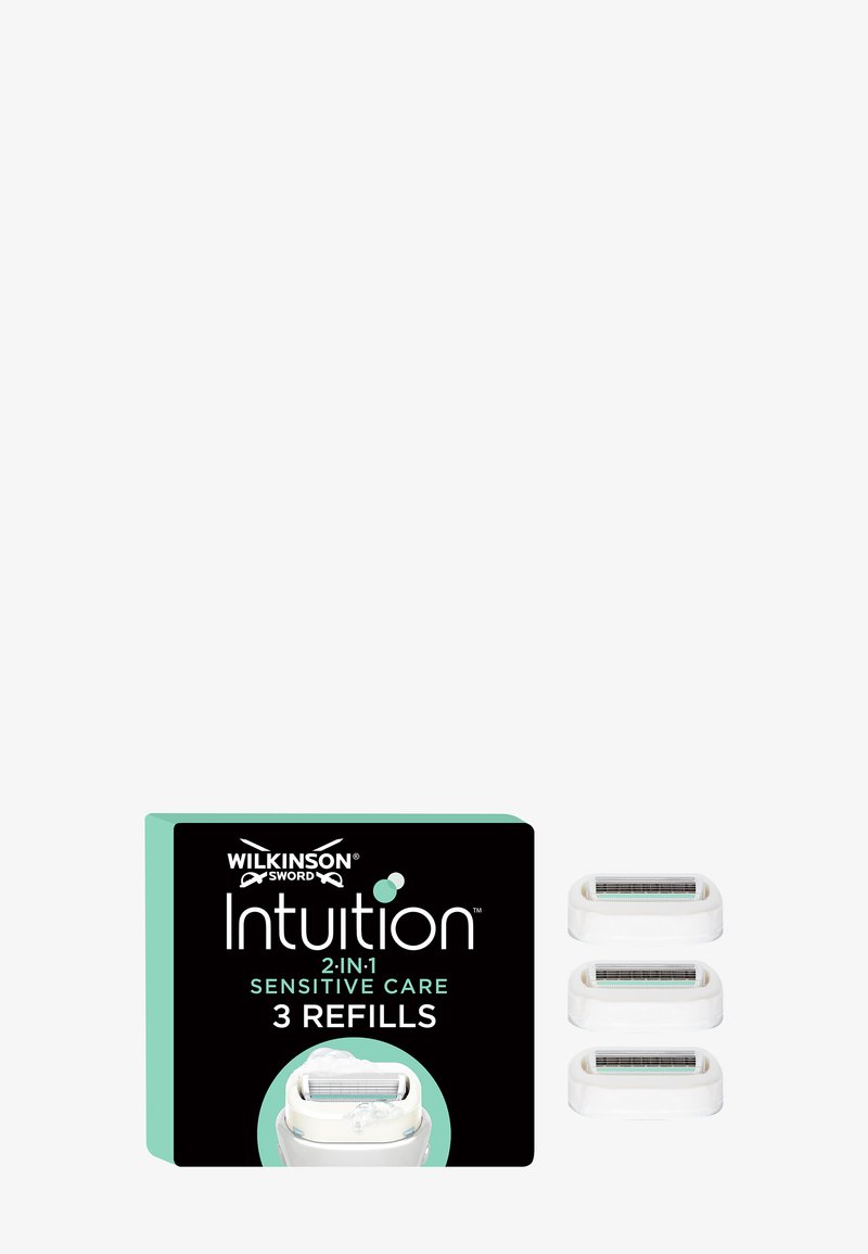 Wilkinson Sword Intuition Sensitive Care 2-in-1 scheermes navulpakket met drie witte vervangende scheermescartridges.