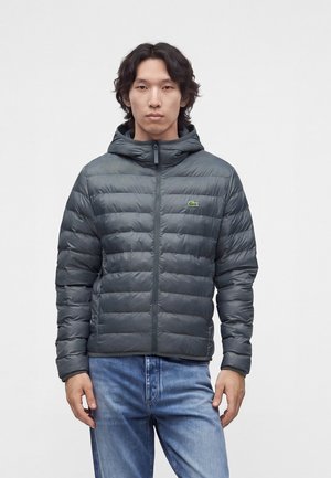 Uomo che indossa una giacca imbottita grigia con cappuccio e logo verde sul petto e jeans azzurri, in piedi su sfondo bianco uniforme.