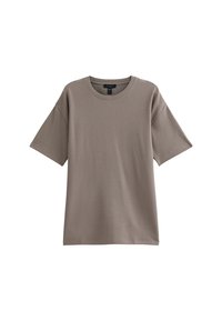 T-shirt marrone a maniche corte con vestibilità ampia, texture a coste, scollatura a girocollo e senza hardware o motivi visibili.