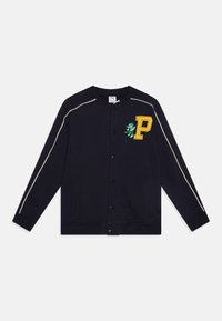 Navy cardigan with a button front, ribbed cuffs, side pockets, and logo embroidery in yellow and green detailing along the shoulders.