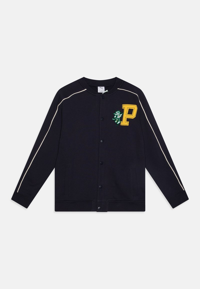 Navy cardigan with a button front, ribbed cuffs, side pockets, and logo embroidery in yellow and green detailing along the shoulders.