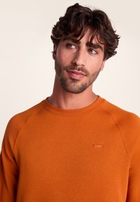 Young man with curly brown hair and beard wearing an orange crewneck sweatshirt, looking slightly to the side against a plain background.