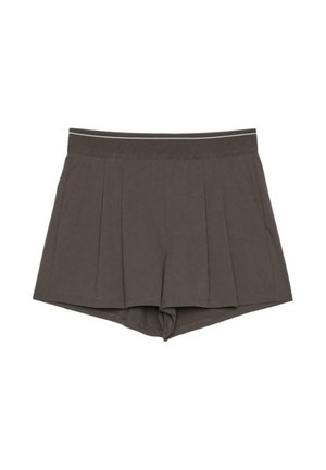 Shorts style jupe plissée gris foncé avec une ceinture ajustée et un léger évasement sur fond blanc.