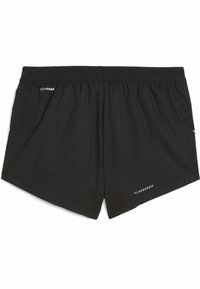 Schwarze sportliche Shorts aus leichtem Stoff. Zu den Merkmalen gehören ein elastischer Bund, perforierte Seitendetails und ein kleines Logo nahe dem Saum.