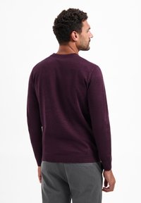 Donkerpaarse, crew-neck trui met lange mouwen, gemaakt van een gestructureerde breigoed. Gezien van de achterkant, gecombineerd met grijze broek.