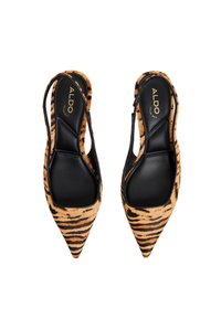 Pointed-toe slingback heels in orange and black animal print textile with black insole and accents. Sleek design with open sides.