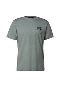 Camiseta de manga corta en gris claro con cuello redondo y logo de texto en negro en el lado izquierdo del pecho que dice "Hecho a medida, diseñado para la excelencia."