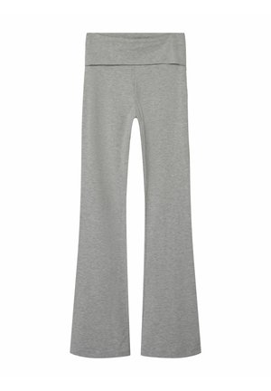 Pantalon flare taille haute gris clair avec une large ceinture, en tissu doux et extensible.