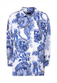 Blue and white button-up shirt featuring floral patterns, long sleeves, and a chest pocket. Made from lightweight fabric with a smooth texture.