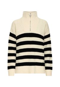 Maglione a maglia con colletto alto, caratterizzato da strisce alternative nere e bianche, polsini a costine e una cerniera a metà lunghezza sul collo.
