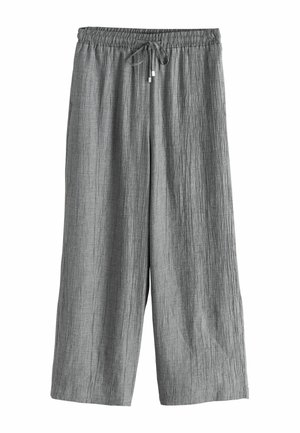 Gray wide-leg pants with a textured fabric, featuring an elastic waistband and a drawstring, and a loose, relaxed fit throughout.