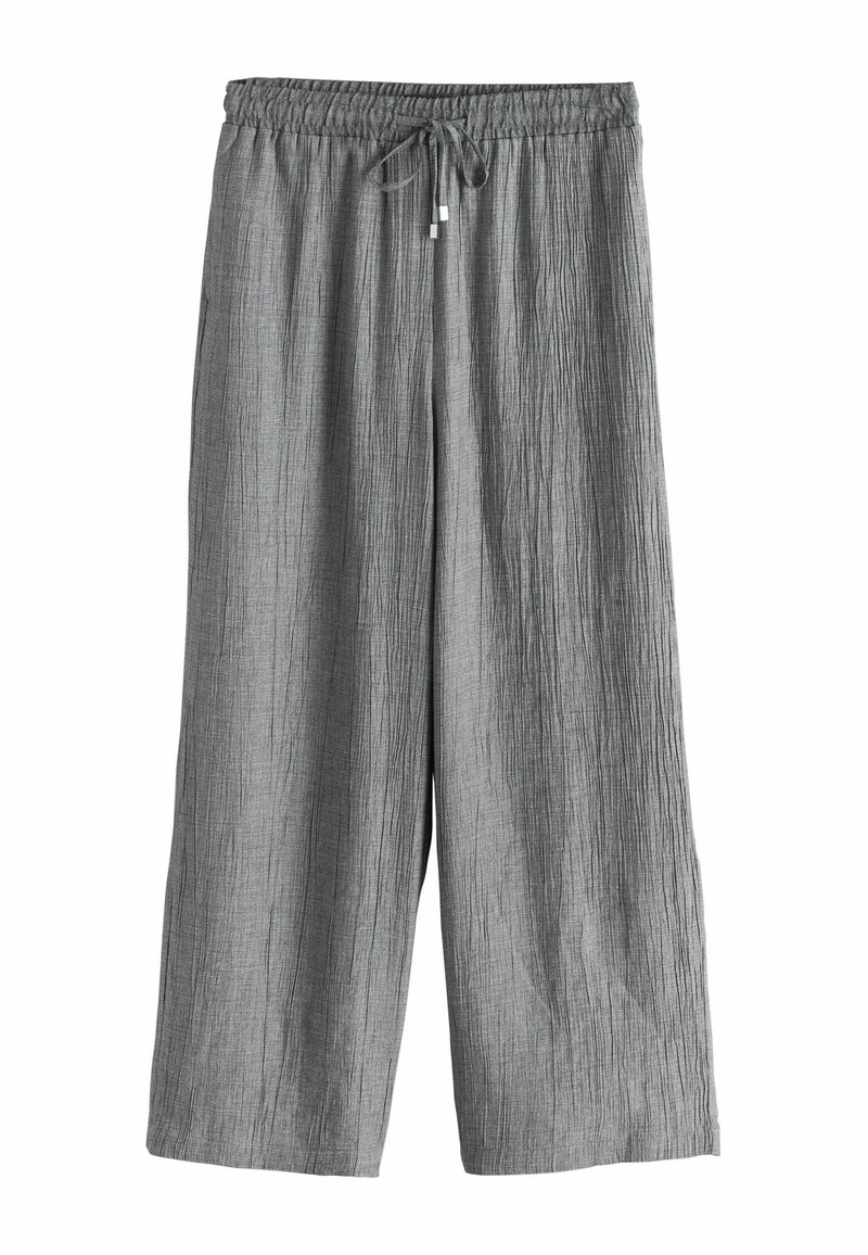 Gray wide-leg pants with a textured fabric, featuring an elastic waistband and a drawstring, and a loose, relaxed fit throughout.