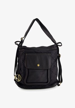 Black leather handbag with woven texture, a front pocket with a snap closure, and gold hardware accents. Features adjustable shoulder strap.