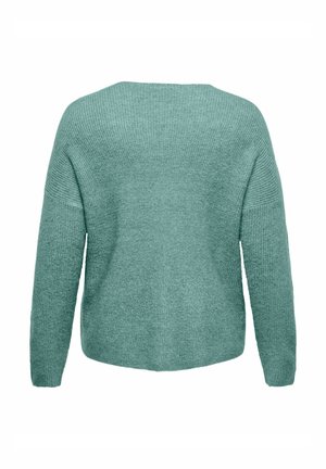 Lysegrøn strikket sweater med løs pasform, ribstrikket tekstur og brede ærmer; har rund halsudskæring og enkelt design.