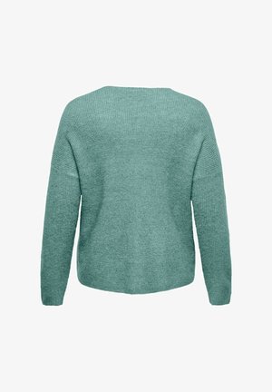 Light green knitted sweater with a loose fit, ribbed texture, and wide sleeves; features a rounded neckline and a simple design.