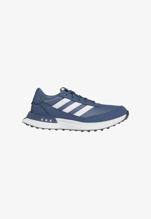 Scarpe da ginnastica blu con design a tre strisce bianche, parte superiore in mesh, collarino imbottito e suola in gomma texturizzata per una migliore aderenza.