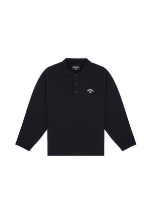 Svart långärmad polo shirt i bomull, med knäppbar krage och en liten vit logotyp på vänster bröst.