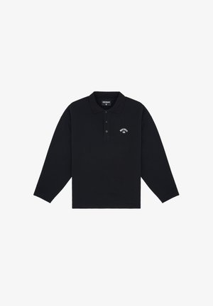 Zwart langemouwen polo shirt van katoen, met een knoopsluiting bij de kraag en een klein wit logo op de linker borst.