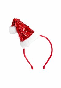 Rød paillet julemandshat hovedbøjle med hvid faux pelskant i bunden. Glat rød hovedbøjle med en spidshat-form. Funklende design.