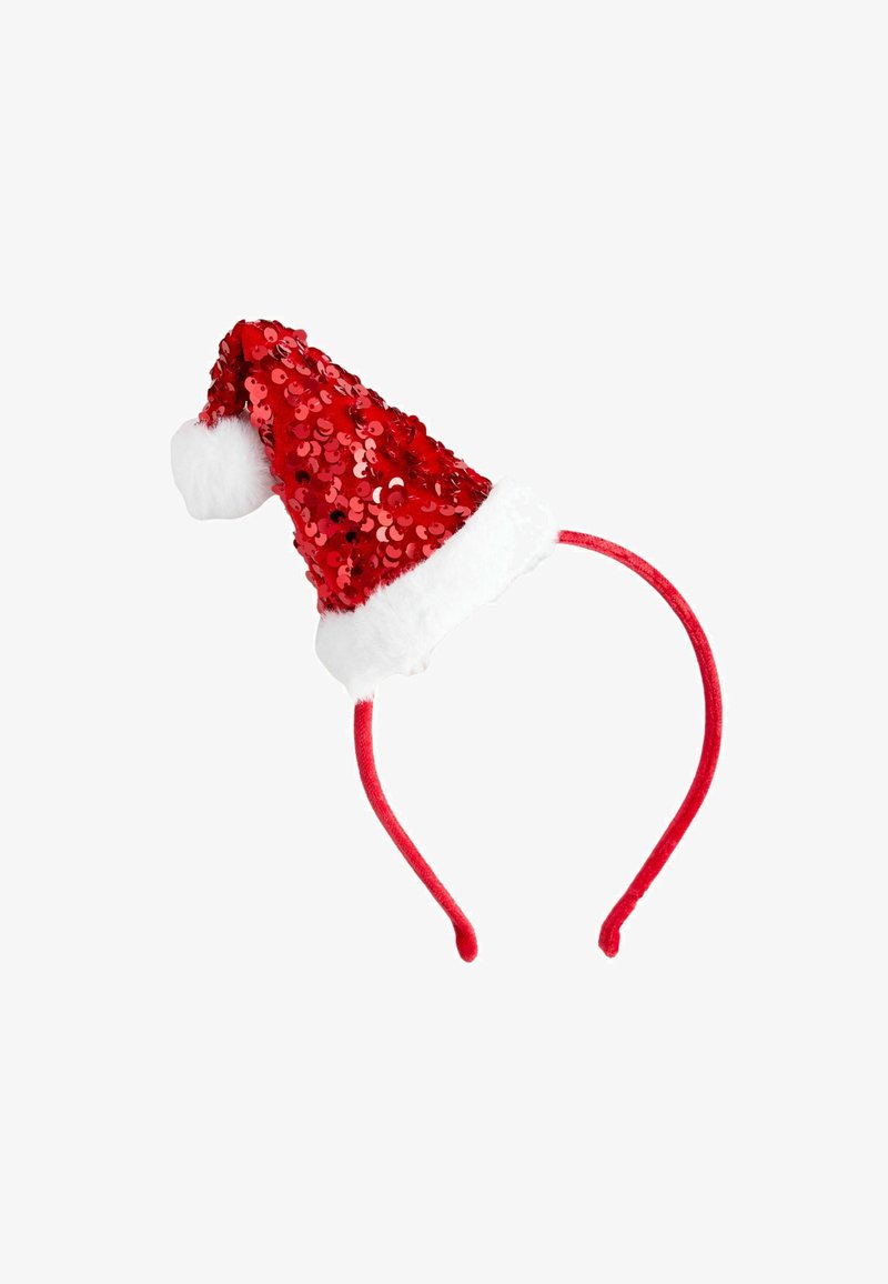 Rotes Pailletten-Weihnachtsmann-Haarband mit weißem Kunstfellrand an der Basis. Glattes rotes Haarband in der Form eines spitzen Hutes. Funkelndes Design.