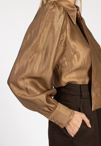 Bronzen satijnen blouse met lange geplooide mouwen en een puntige kraag. Voorzien van knoopaccenten op de manchetten en een relaxed fit.