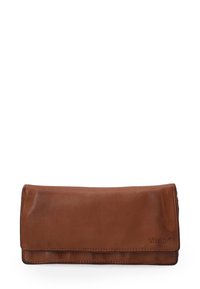 Portefeuille en cuir marron avec une texture lisse, de forme rectangulaire et de coutures subtiles. Nom de la marque "VENEZIA" embossé sur un côté.
