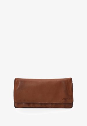 Portefeuille en cuir marron avec une texture lisse, de forme rectangulaire et de coutures subtiles. Nom de la marque "VENEZIA" embossé sur un côté.