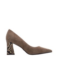 Escarpin femme en daim marron avec bout pointu et talon bloc présentant un motif peau de serpent, montré de profil sur fond blanc.