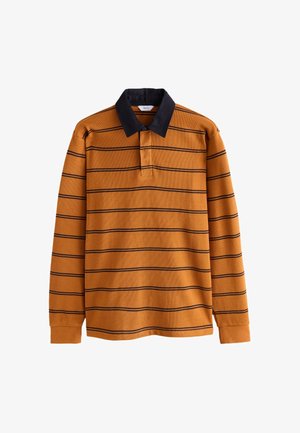 Long-sleeve polo shirt in orange with black horizontal stripes and a contrasting black collar. Textured fabric, standard fit, front placket.