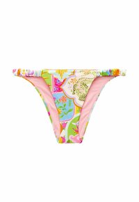 Bikini-Höschen mit buntem Blumenmuster auf hellem Hintergrund, ausgestattet mit einem weichen pinken Innenfutter und einem gerafften Bund.