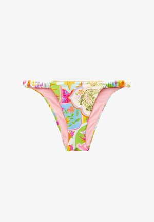 Bikini-Höschen mit buntem Blumenmuster auf hellem Hintergrund, ausgestattet mit einem weichen pinken Innenfutter und einem gerafften Bund.