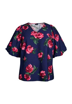Marint blommig topp med rosa rosor, V-hals och korta puffärmar. Tillverkad av textil med struktur, designad för en avslappnad passform.
