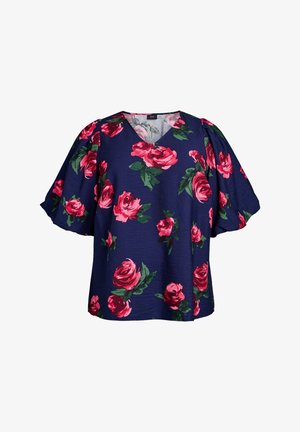 Merine lilleline top, millel on roosad roosid, V-kaelus ja lühikesed puffvarrukad. Valmistatud tekstureeritud kangast, loodud mugavaks istuvuseks.