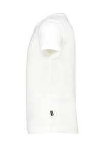 White ribbed short-sleeve t-shirt featuring a crew neck, smooth texture, and a brand label at the side seam.