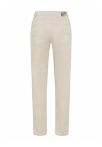 Beige Baumwollhosen mit geradem Bein, Gesäßtaschen und einem strukturierten Taillenbund. Glatte Textur mit minimaler Detailgestaltung.