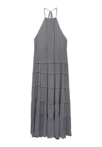 Grå halterneck maxiklänning i lätt tyg, med en flerelat design som har volanger och tunna band bak.