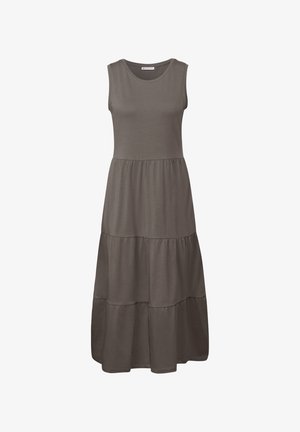 Robe maxi sans manches en coton bio gris foncé, dotée d'un col rond et d'une silhouette fluide avec des coutures froncées.