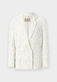 White lace blazer with a textured finish, featuring a notched lapel, double-button closure, and two front pockets. Designed with an elegant silhouette.