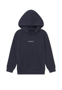 Hoodie bleu marine en tissu doux avec une poche frontale et une capuche à cordon. Logo "LES DEUX" brodé en blanc sur la poitrine.