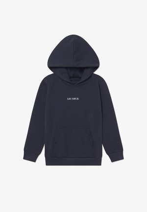 Marineblaues Hoodie aus weichem Stoff mit einer Vordertasche und einer Kordelzugkapuze. "LES DEUX" Logo in Weiß auf der Brust gestickt.