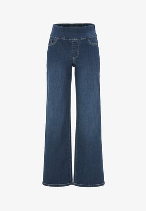 Mørkeblå brede denimbukser med elastisk talje og forlommer.