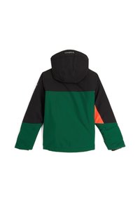 Grön och svart jacka med huva, med en orange accent på ärmen. Tillverkad av ett glatt, vattenavvisande material.