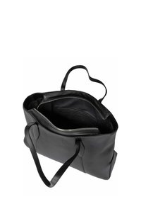 Black leather tote bag with two shoulder straps and a zippered inner compartment, shown open from above on white background.