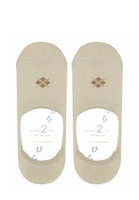 Beige Knöchelsocken mit rutschfester Ferse, versehen mit einem rautenförmigen Muster in Braun. Hergestellt aus weichem Material mit einer glatten Textur. Im Zwei-Pack erhältlich.